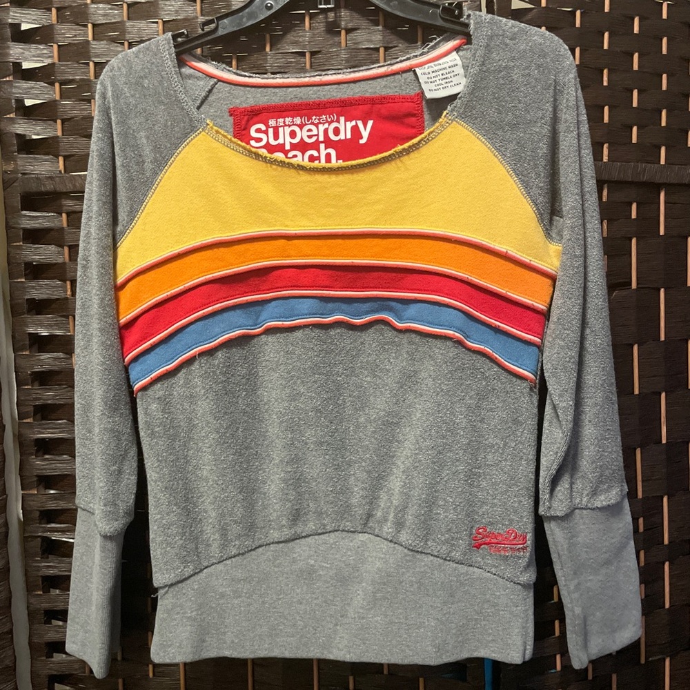 Superdry sweater top - gray with rainbow stripes.